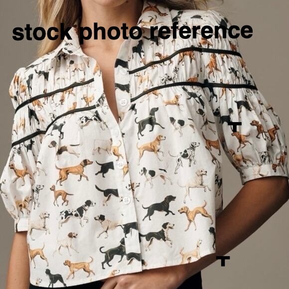 ANTHROPOLOGIE MAEVE womens LEANDRA SHIRRED YOKE DOG PRINT BLOUSE MEDIUM COTTON. - Picture 2 of 11